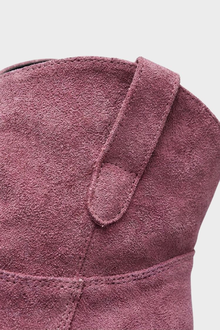 Close-up of the pull tab and stitching on burgundy cowgirl booties