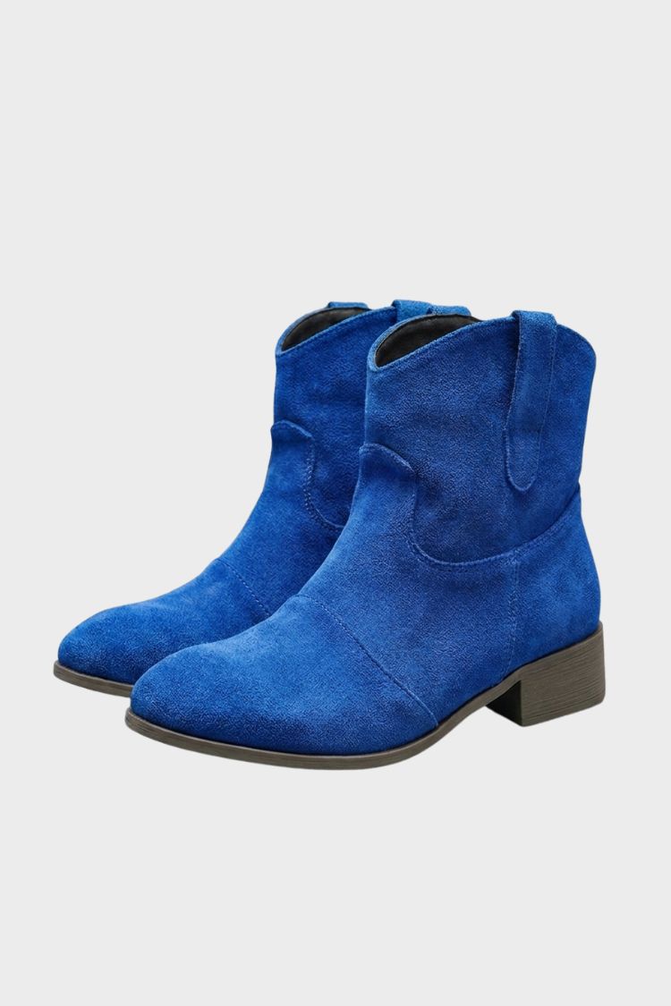 Women's dark blue western ankle boots, front view