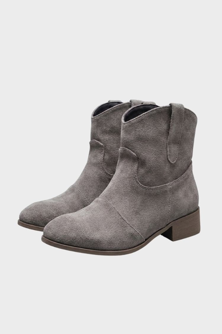 Women's grey western ankle boots with stacked heel
