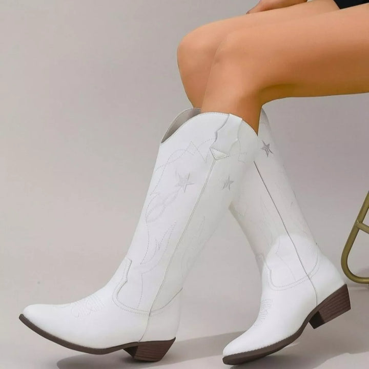 White star embroidered western boots with pointed toe and block heel