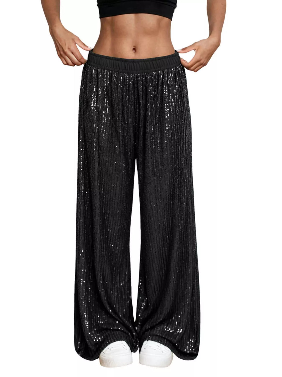 Black sequin wide leg pants with elastic waist, front view