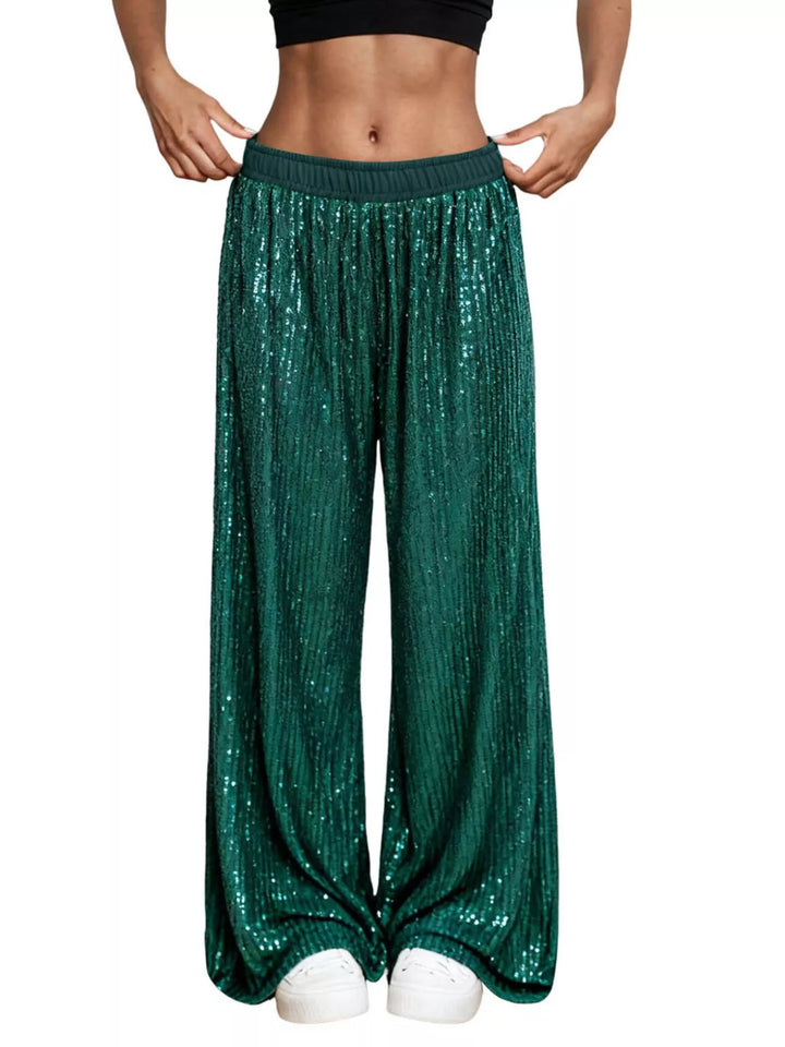 Emerald green sequin wide leg pants with elastic waist, front view