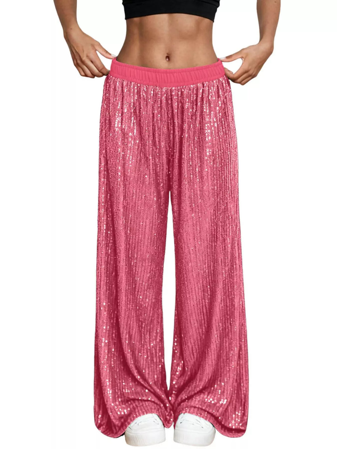Hot pink sequin wide leg pants with elastic waist, front view