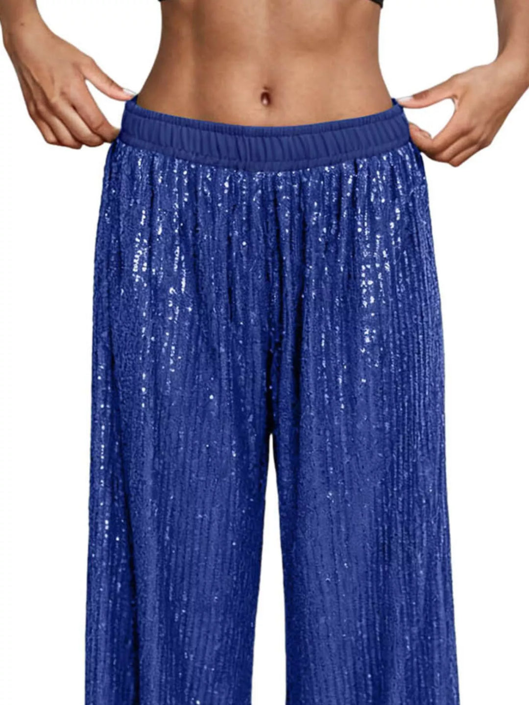 Close-up of the royal blue sequin elastic waistband