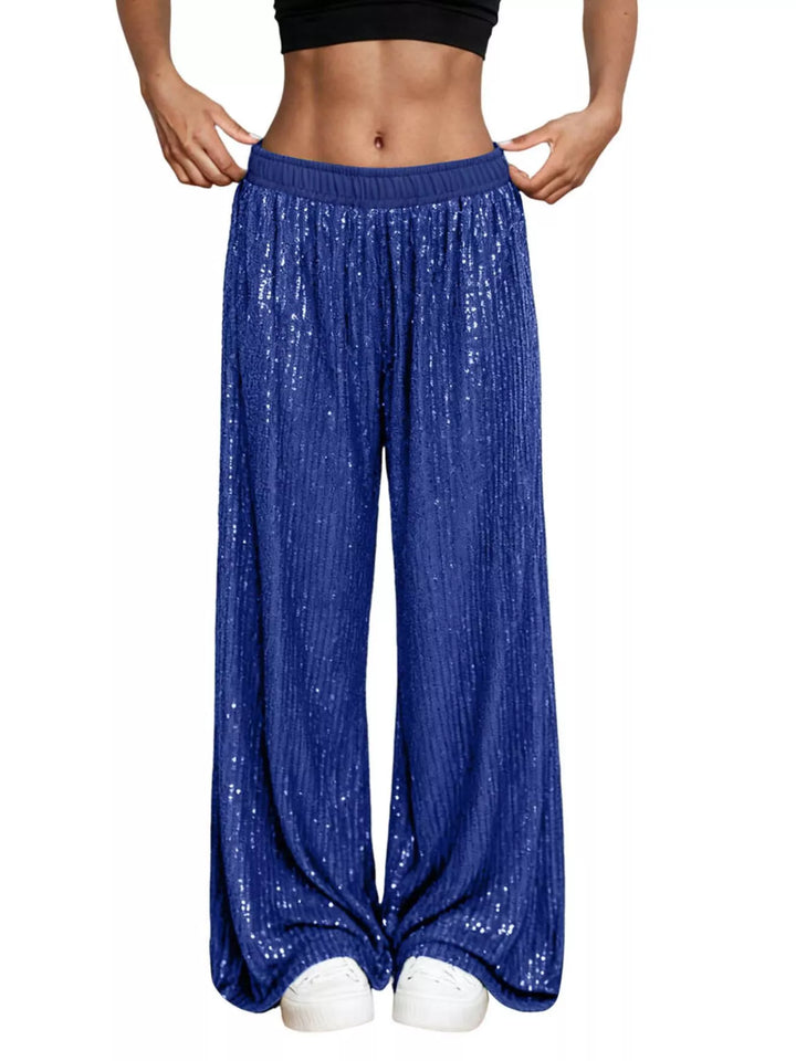 Royal blue sequin wide leg pants with elastic waist, front view