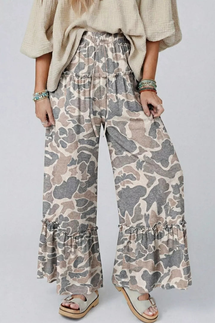 Women's wide leg pants in camo print with drawstring and ruffled hem