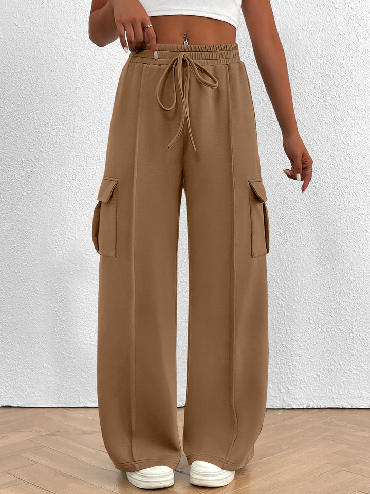 Mocha wide leg cargo pants with high waist and drawstring, front view