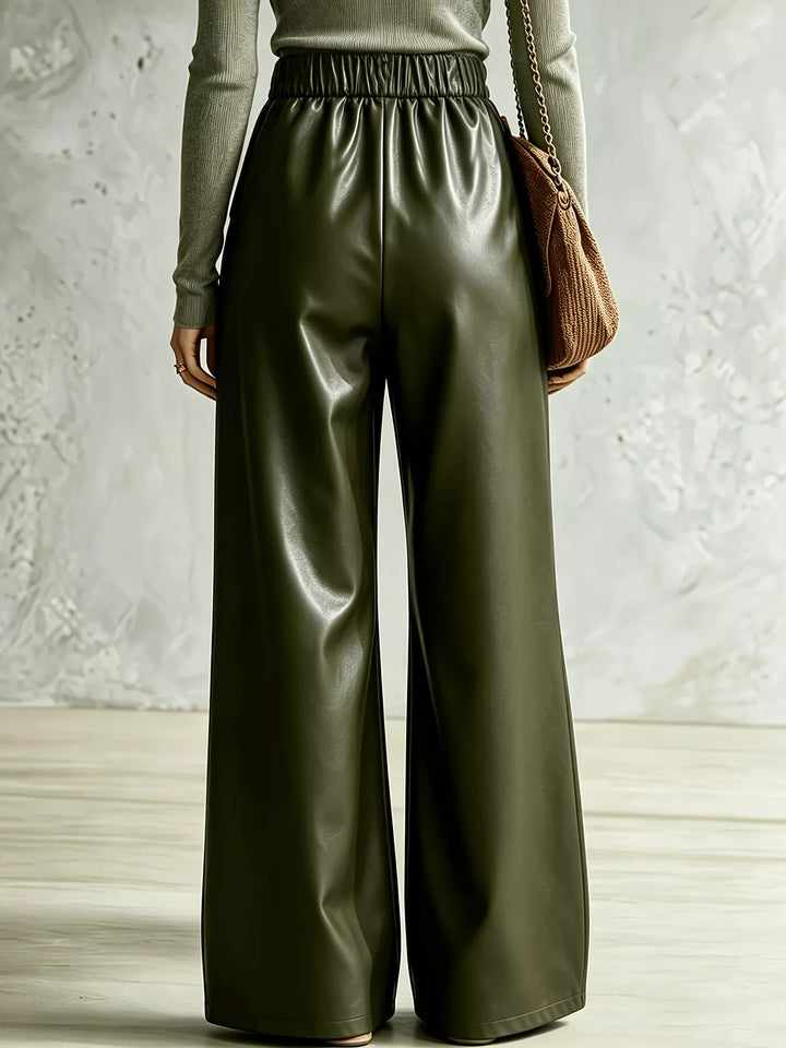 Back view of army green wide leg pants with elastic waistband