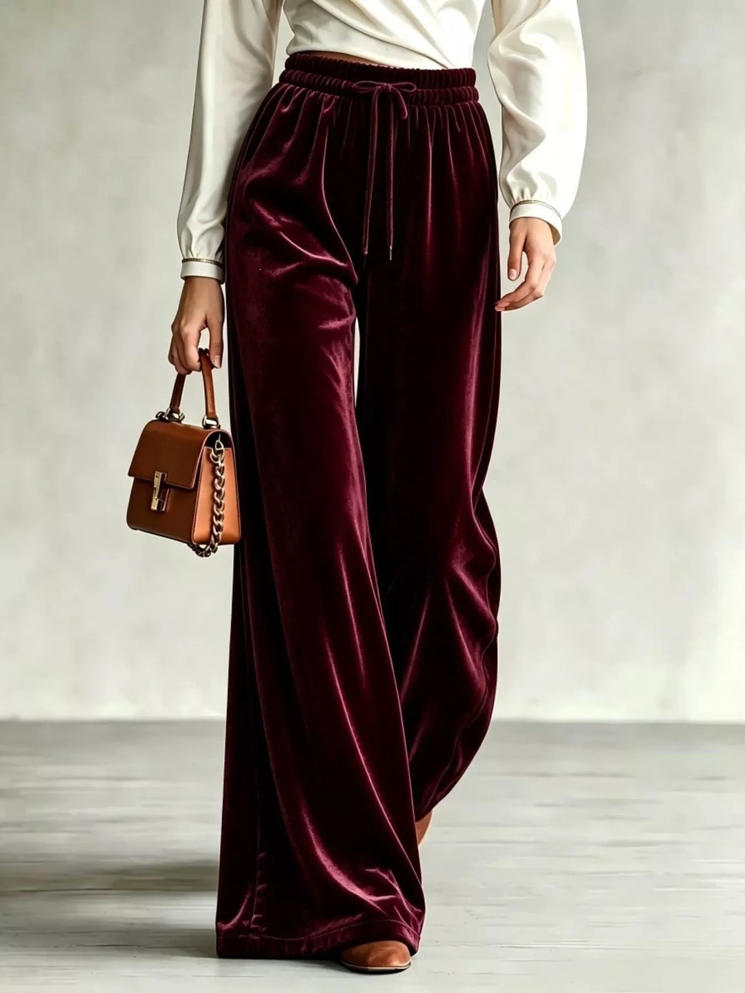 Burgundy velvet-look wide leg pants with drawstring, styled with a tan handbag