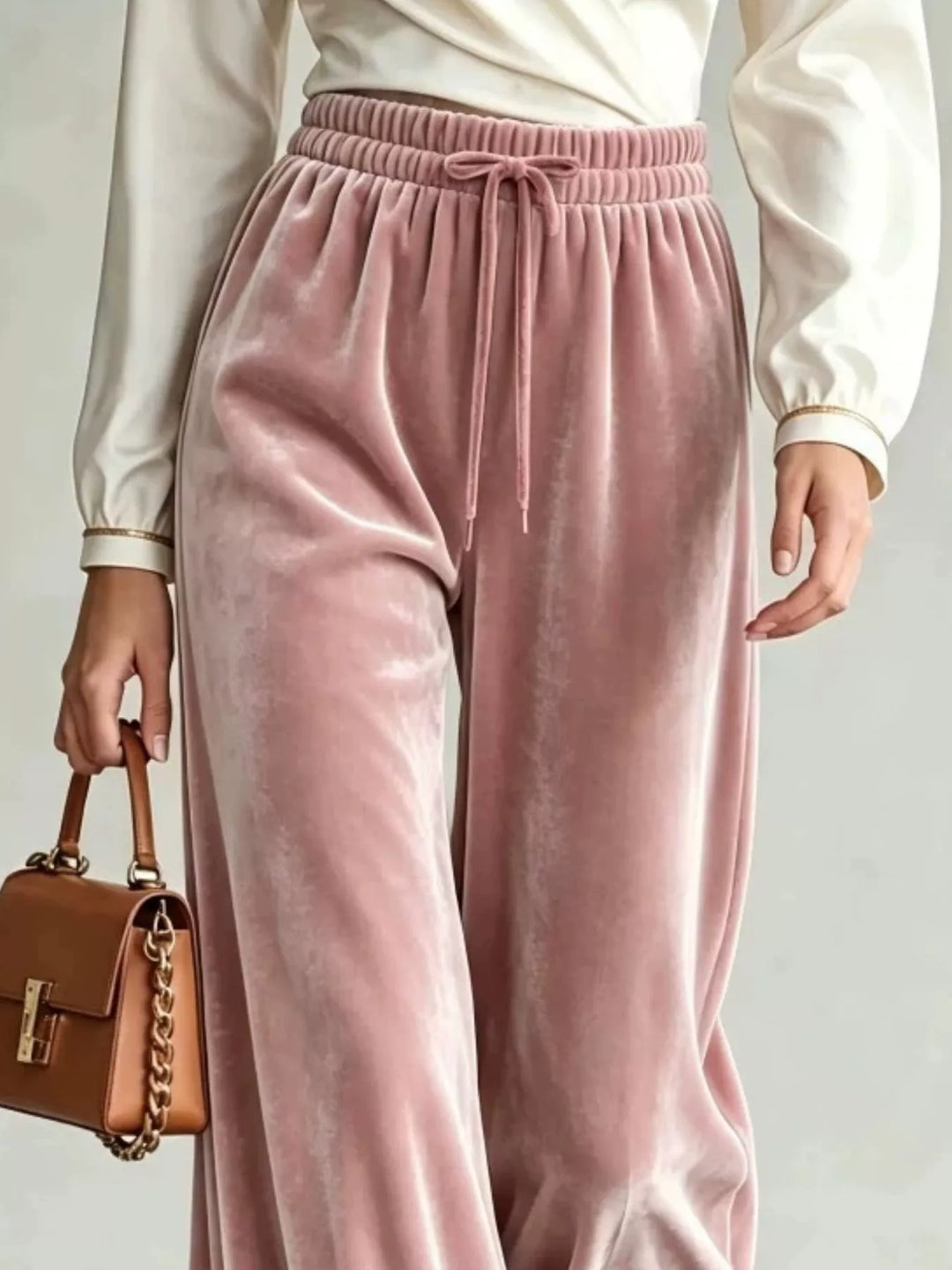 Close-up of the dusty pink drawstring waist and velvet-look wide legs