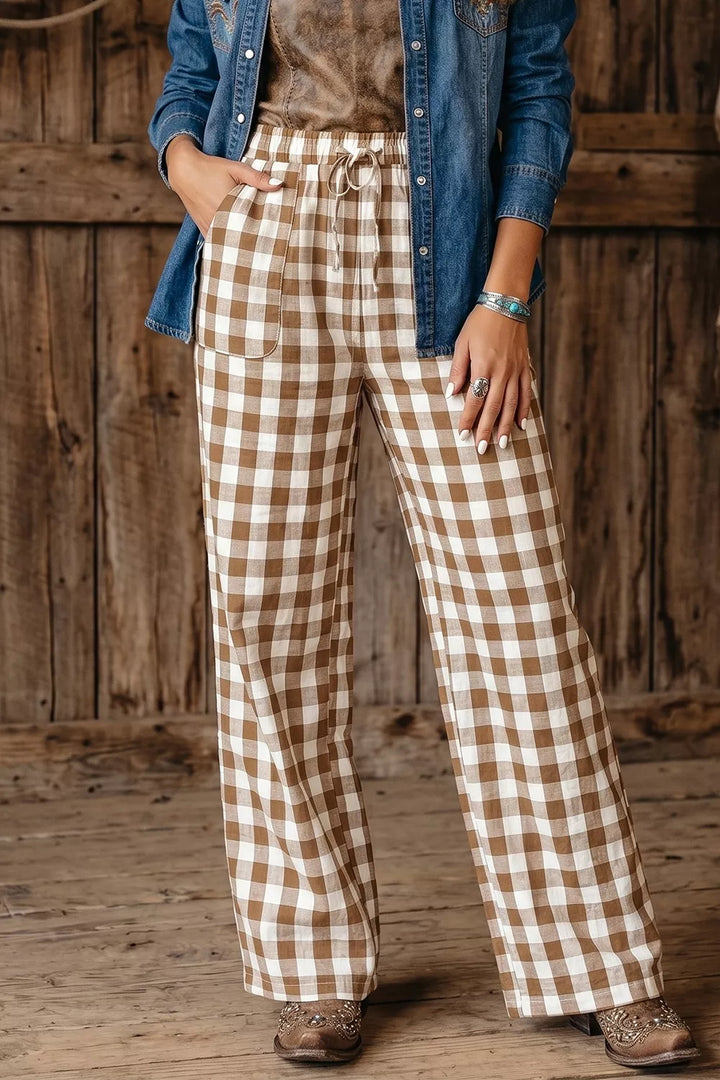 Women's brown gingham plaid wide leg pants with drawstring, styled with a denim jacket