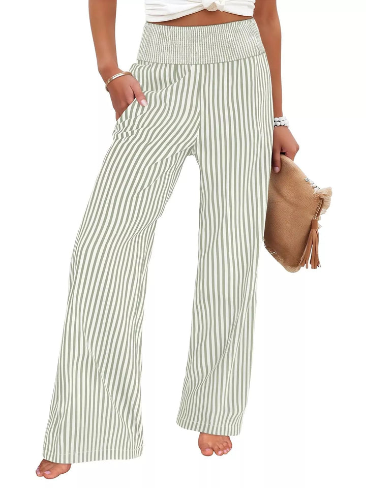 Sage pinstripe wide leg pants with smocked waistband, front view on white