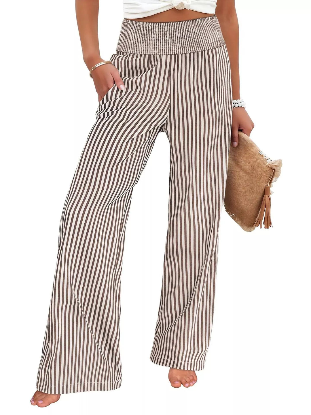 Taupe pinstripe wide leg pants with a smocked waistband, front view