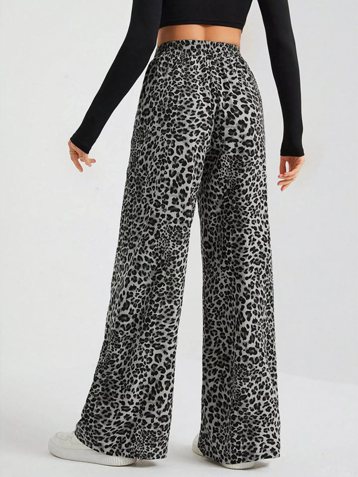 Back view of the gray leopard print wide leg pants