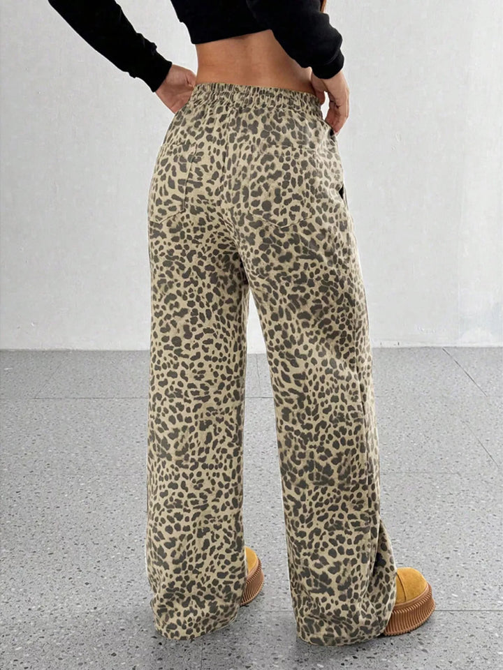 Back view of the khaki leopard print wide leg pants
