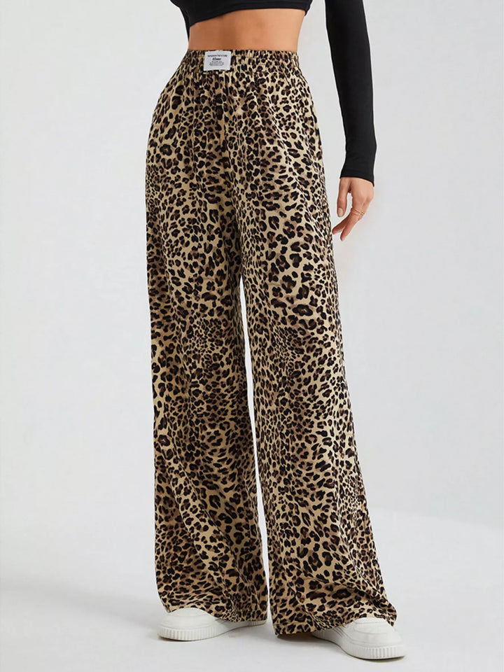 Women's tan leopard print wide leg pants with elastic waist, front view