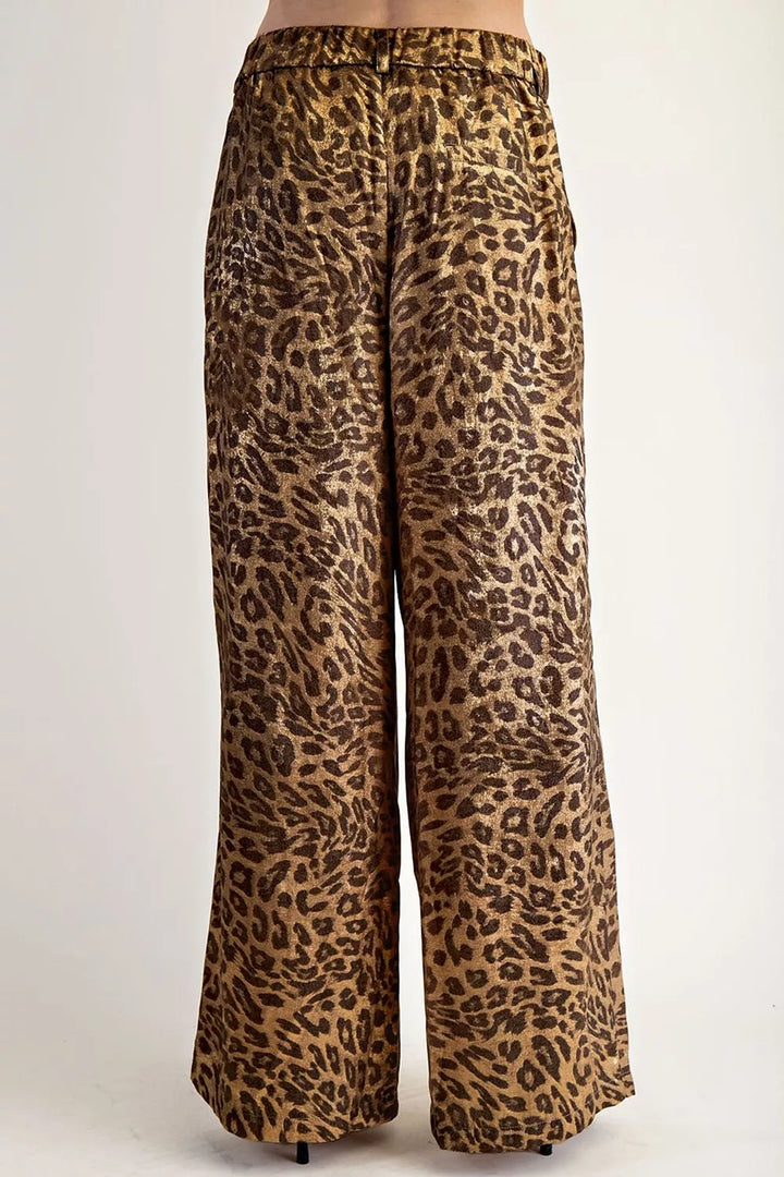 Back view of the metallic leopard print wide leg pants