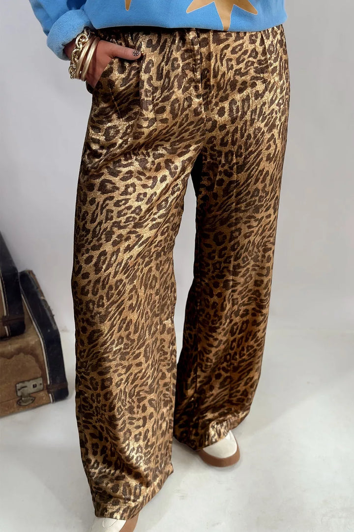 Women's wide leg pants in leopard, metallic print with elastic waist, front view