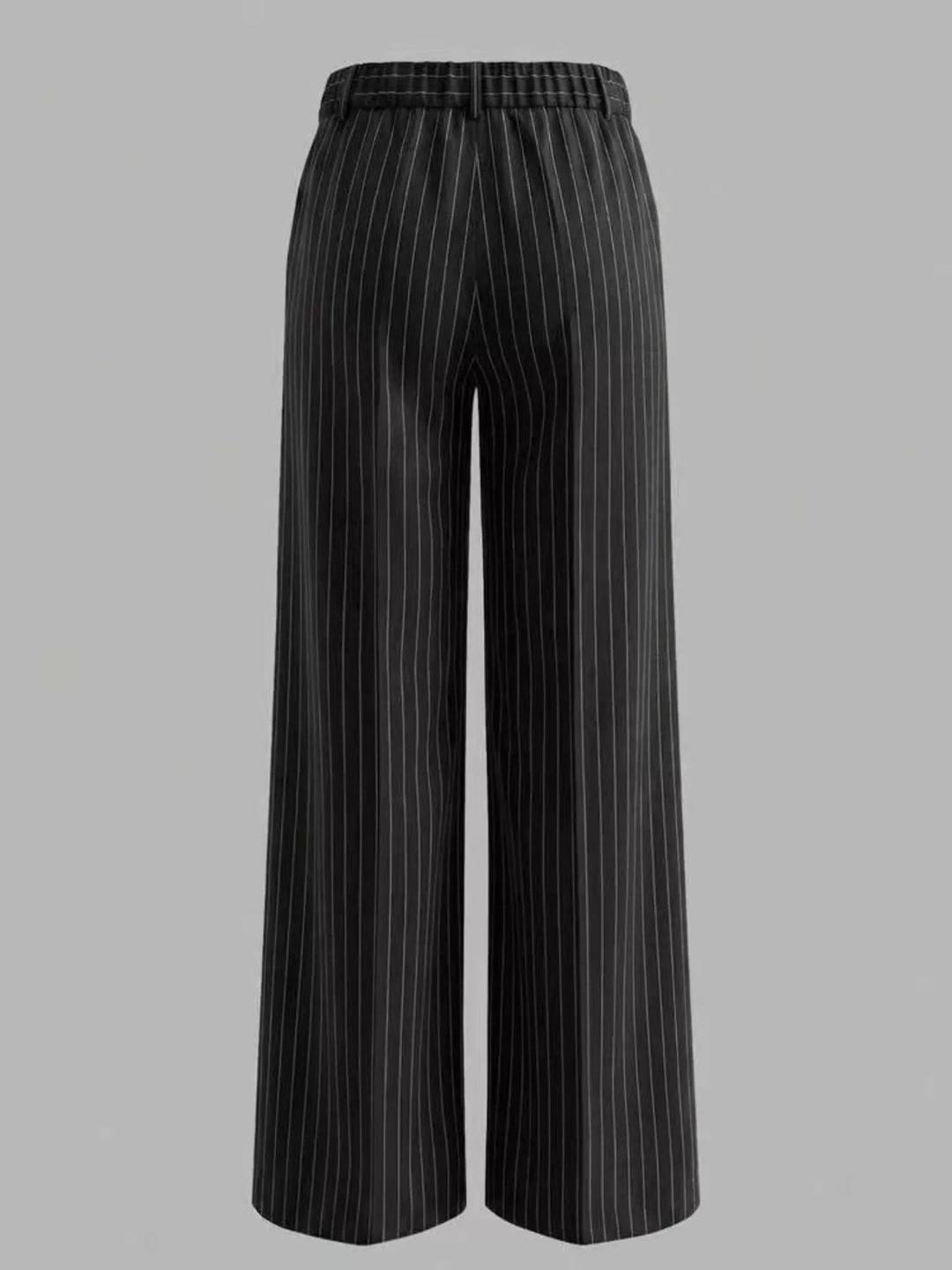 Pinstripe high waist pleated front in black, back view