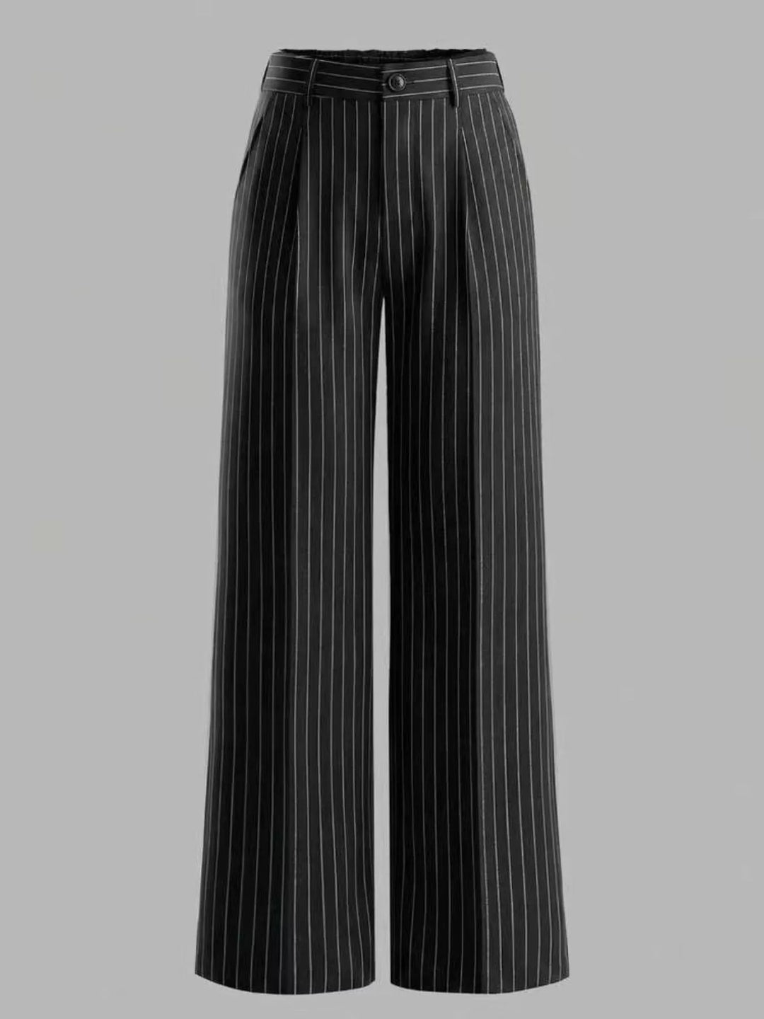 Pinstripe high waist pleated front in black, front view 2