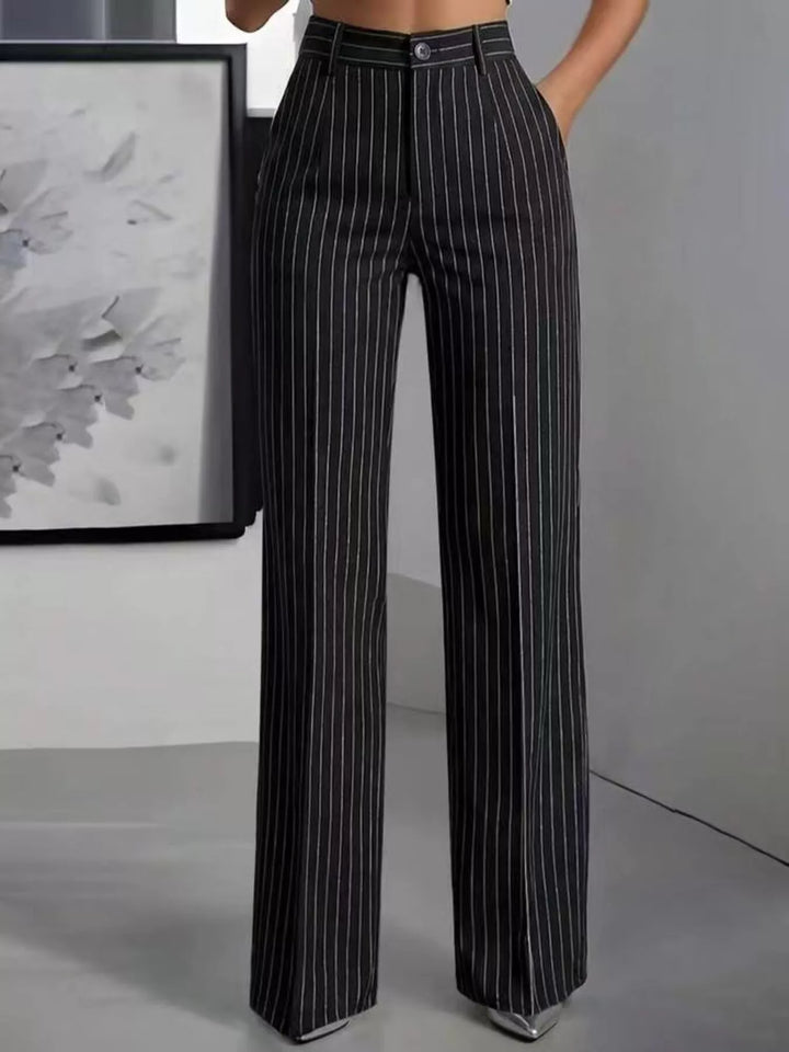 Women's wide leg pants in black, pinstripe high waist pleated front