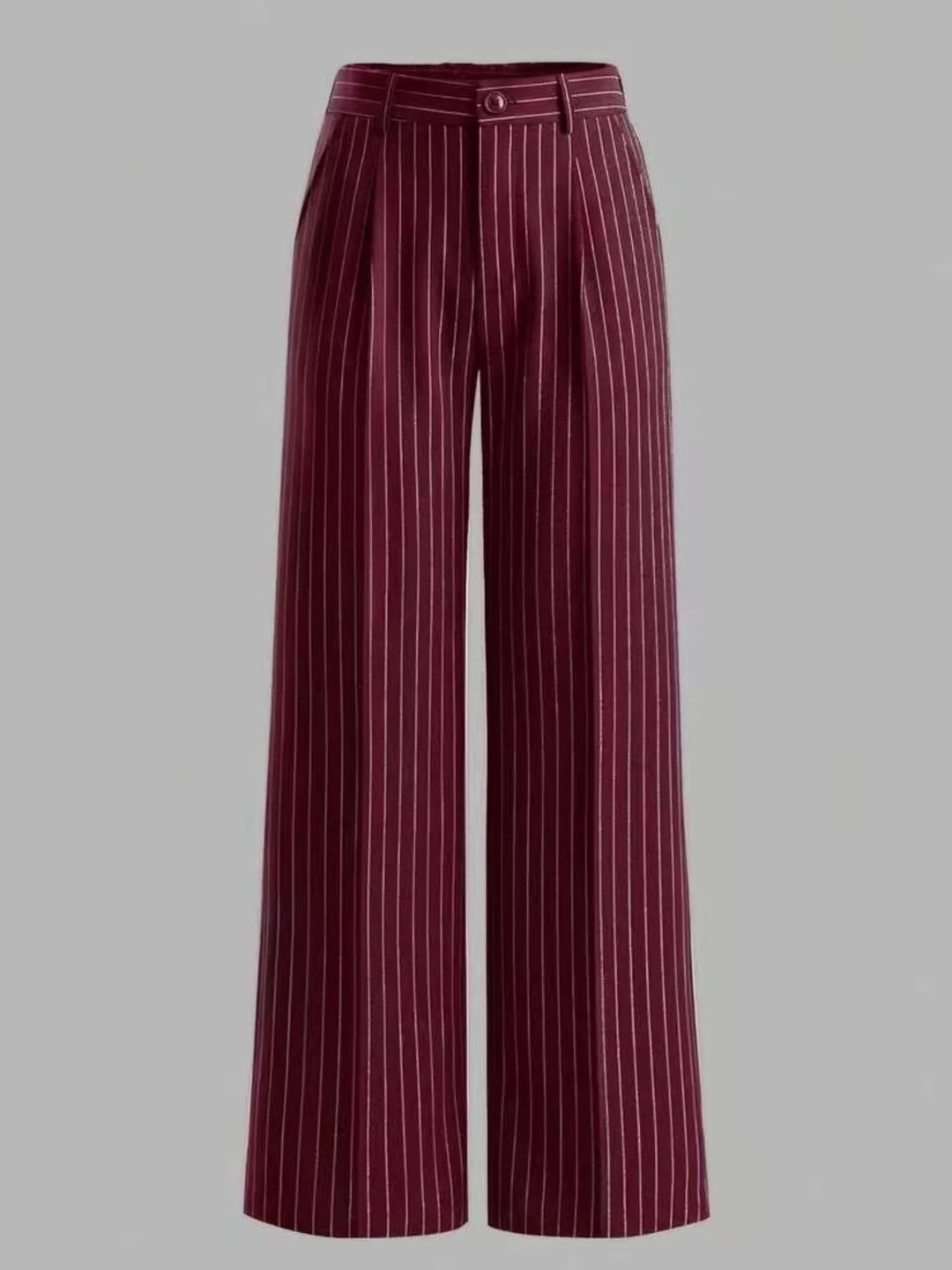 Pinstripe high waist pleated front in crimson, front view 2