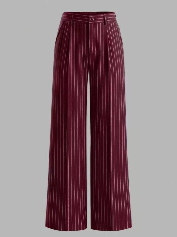 Pinstripe high waist pleated front in crimson, front view 2