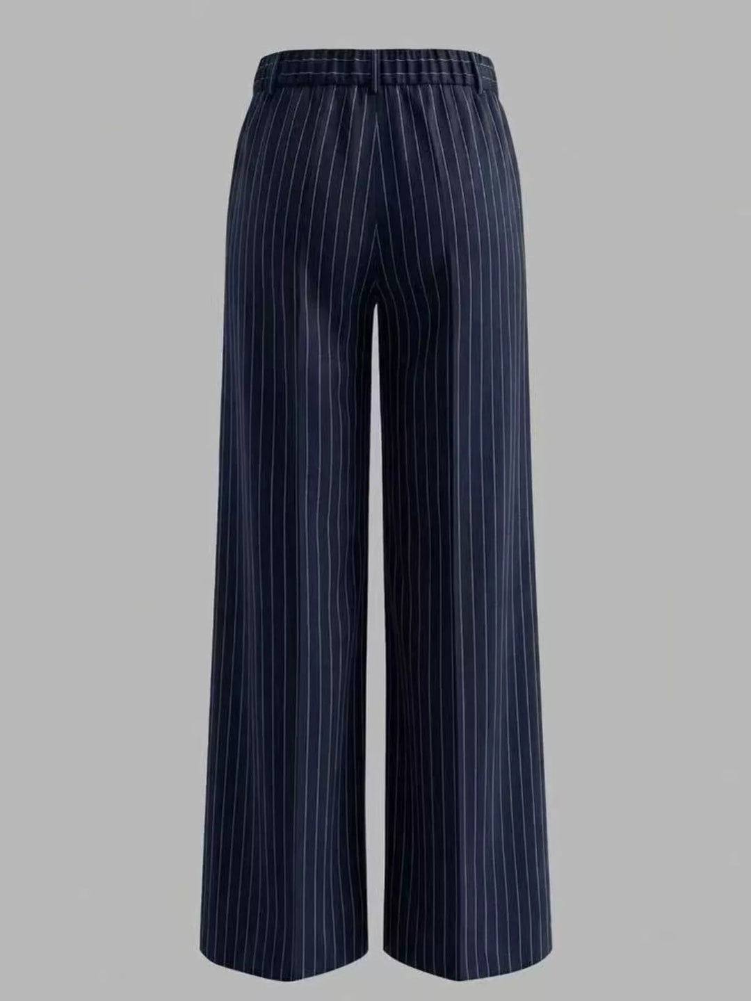 Pinstripe high waist pleated front in dark blue, back view