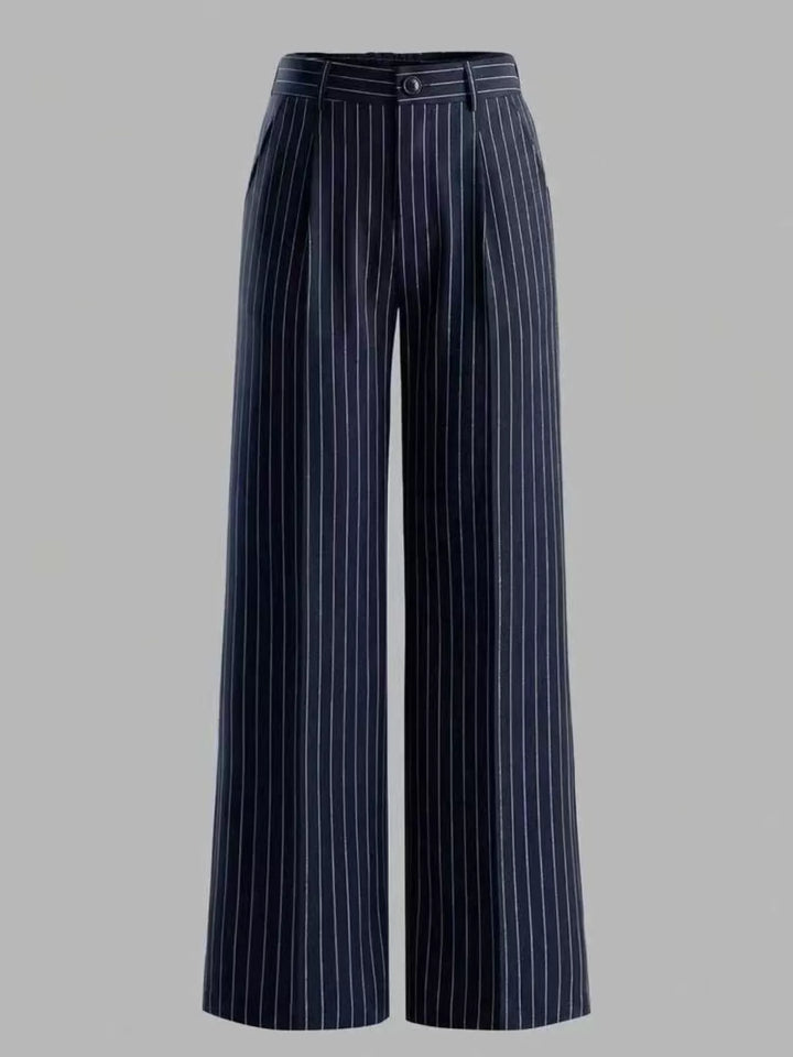Pinstripe high waist pleated front in dark blue, front view 2