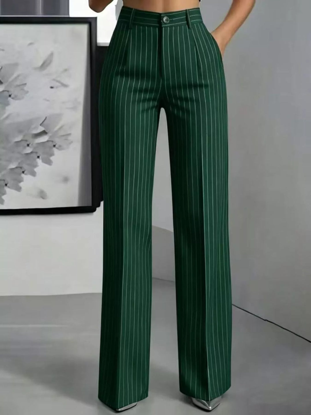 Pinstripe high waist pleated front in dark green, front view