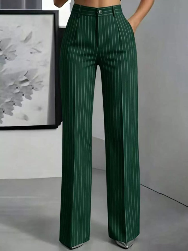 Pinstripe high waist pleated front in dark green, front view
