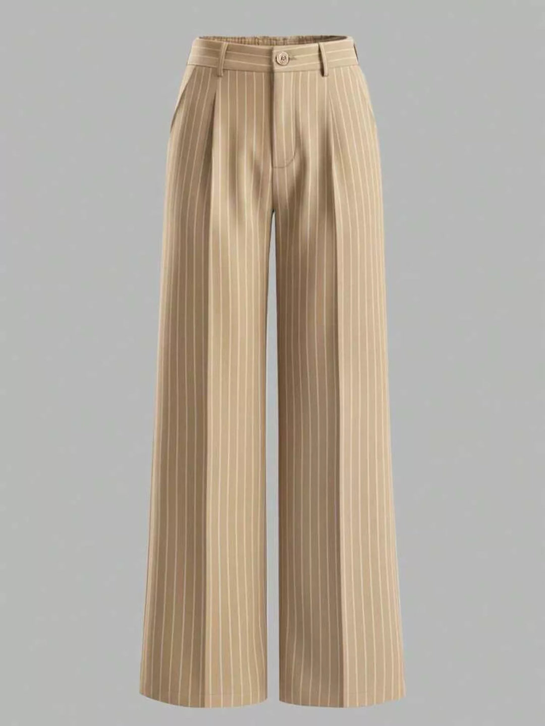Pinstripe high waist pleated front in khaki color, front view 2