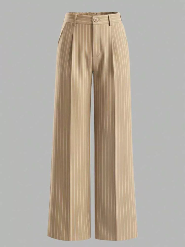 Pinstripe high waist pleated front in khaki color, front view 2