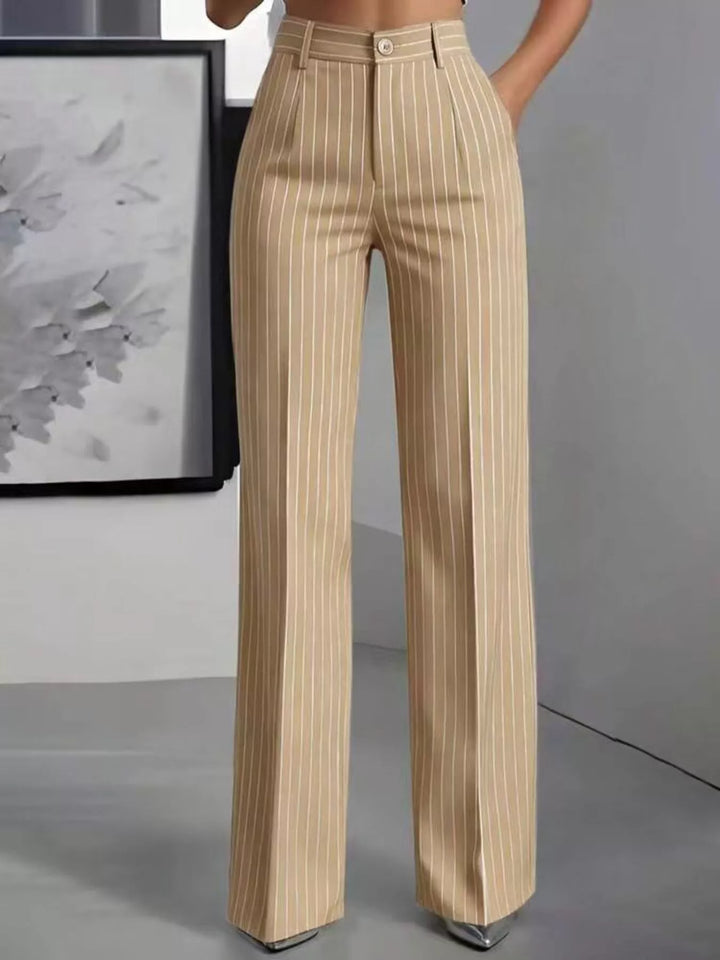 Pinstripe high waist pleated front in khaki color, front view