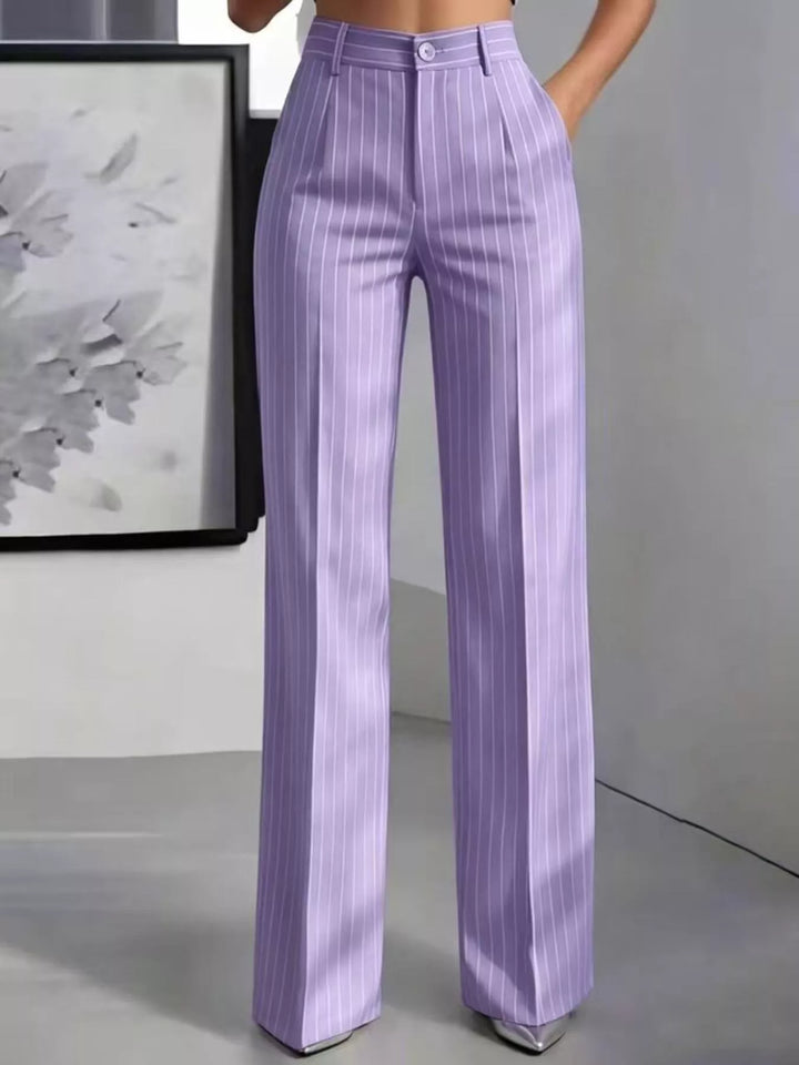 Pinstripe high waist pleated front in lavender purple, front view