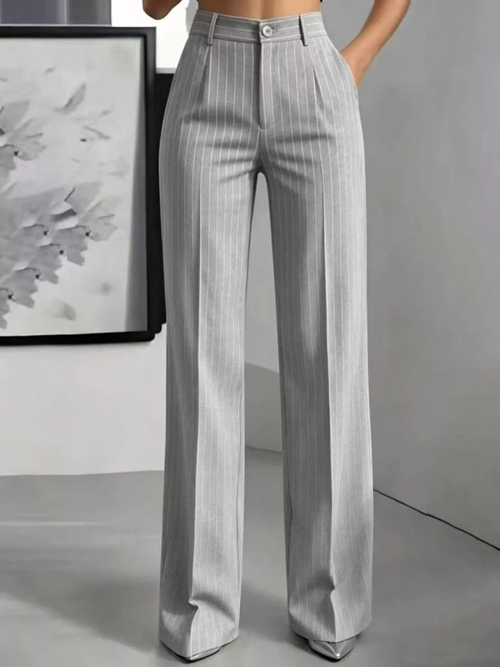 Pinstripe high waist pleated front in silver, front view
