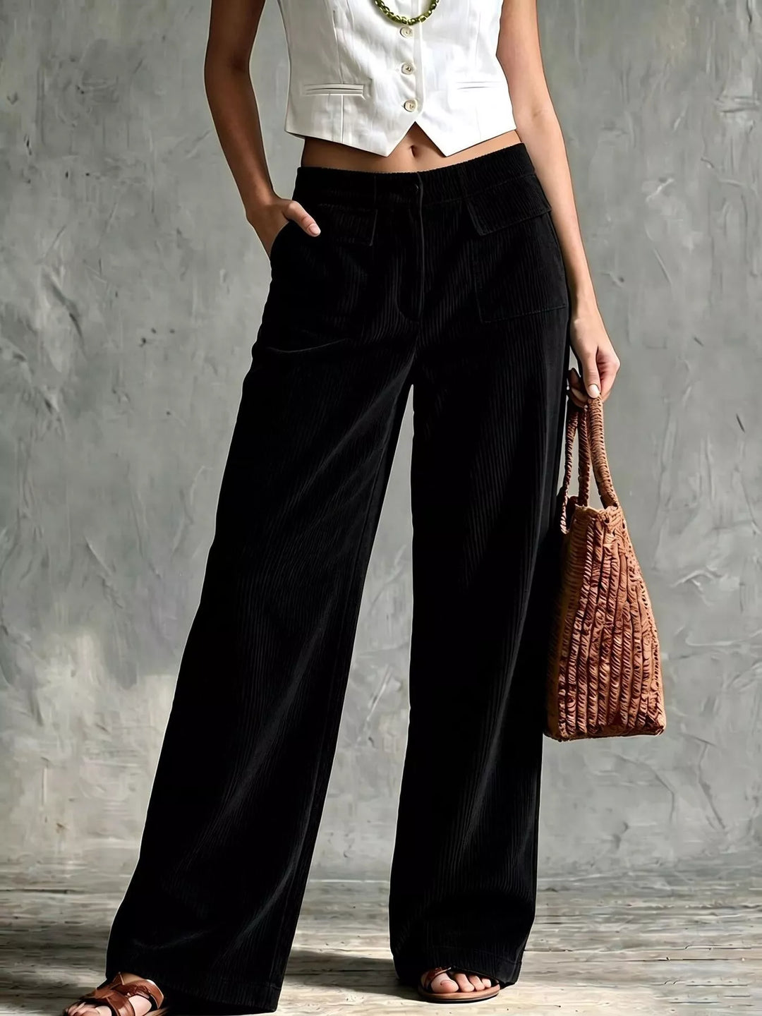 Black ribbed texture wide leg pants, full length front view