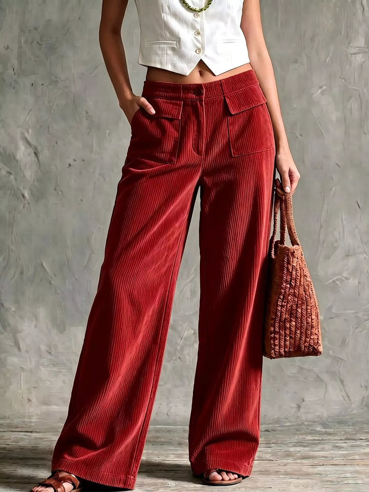 Brick red wide leg pants with elastic back waist, front view
