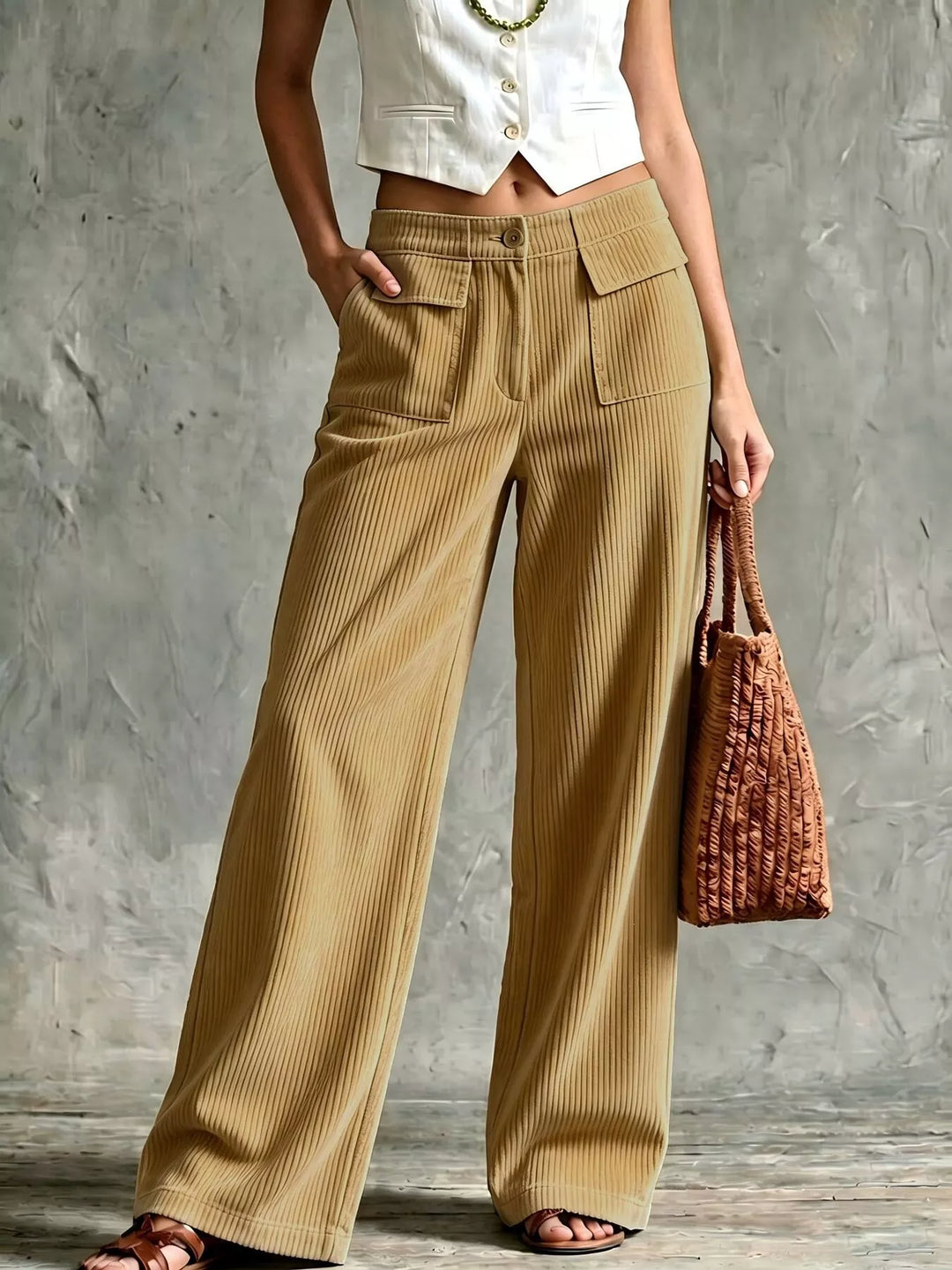 Khaki wide leg pants with front flap pocket, styled with a white vest top
