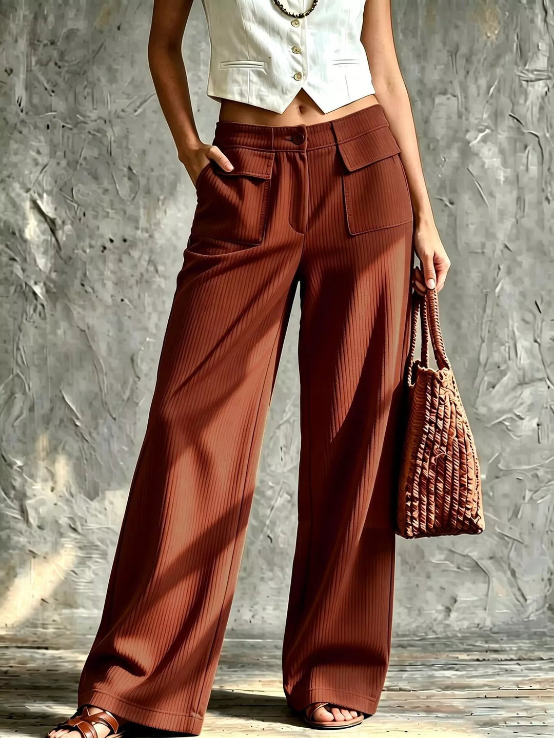 Rust wide leg pants worn with a white top and woven tote