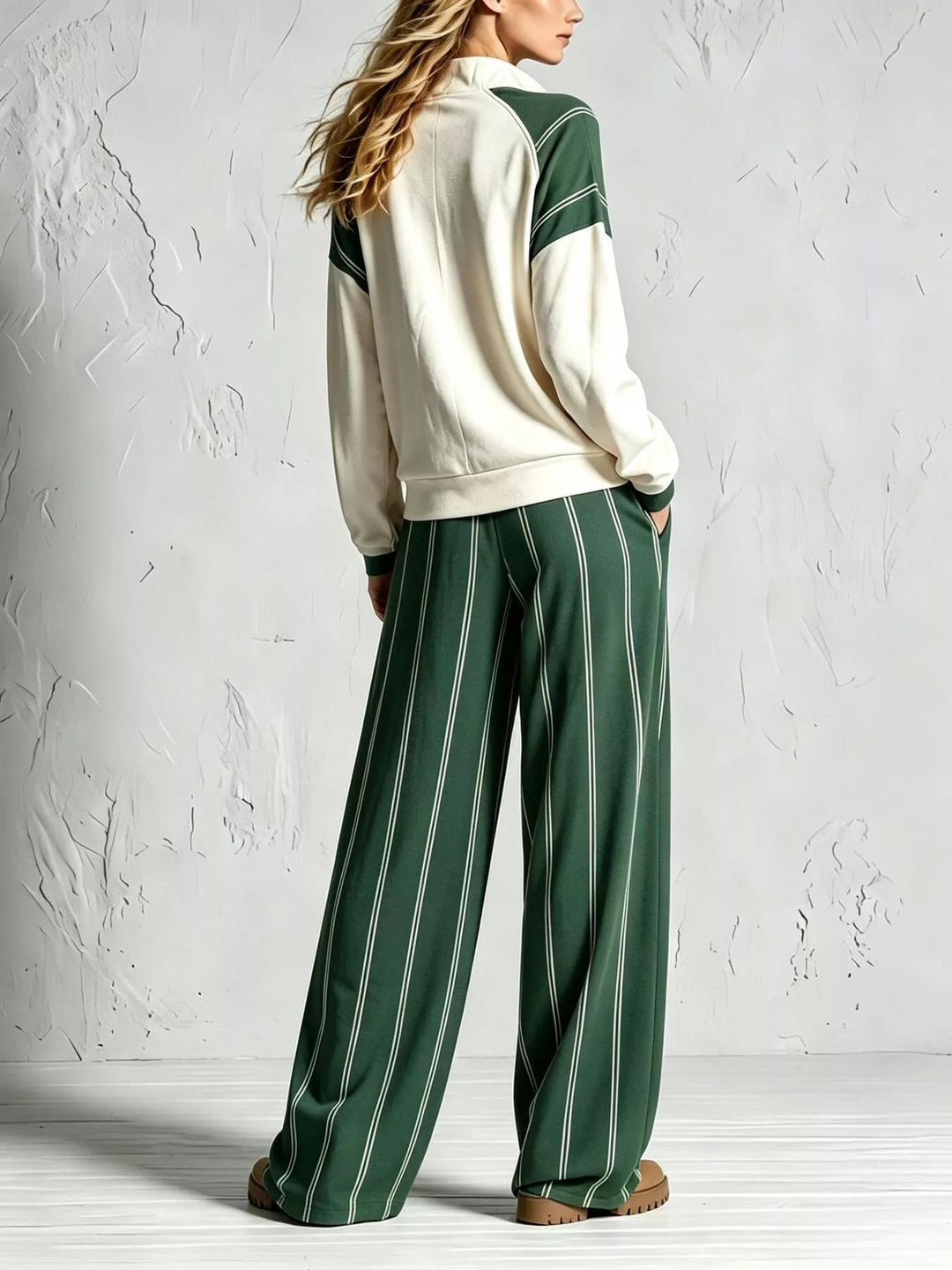 Forest green striped wide leg pants set, rear three quarter view