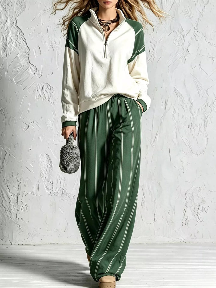 Women's wide leg pants set in forest green, quarter zip pullover with raglan sleeves