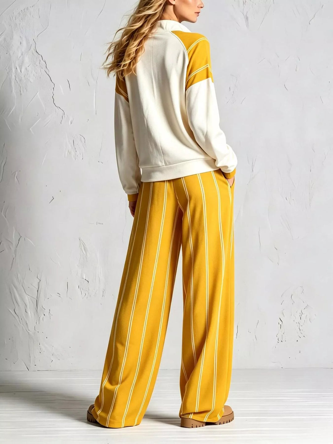 Mustard wide leg pants and pullover set, rear three quarter view