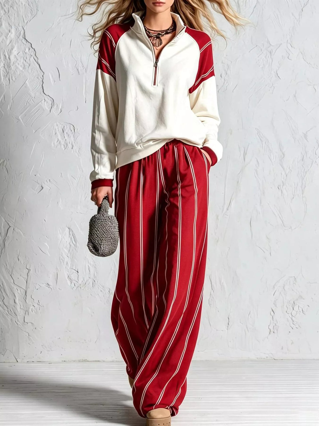 Red striped wide leg pants set with quarter zip pullover, front view