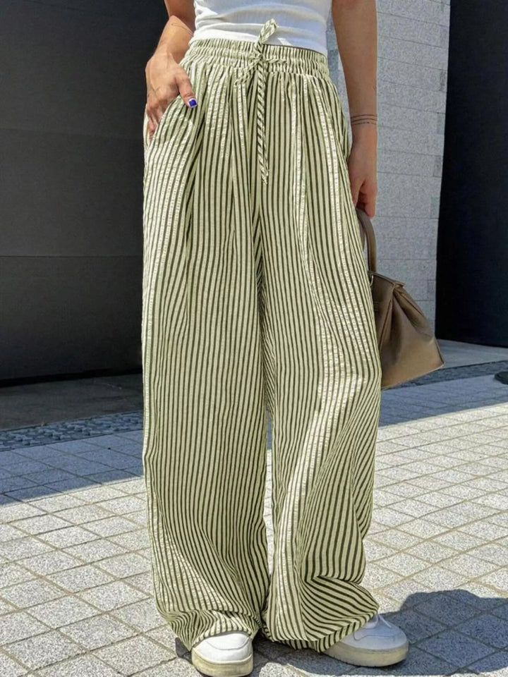 Women's sage wide leg pants with vertical pinstripe, drawstring waist and pockets