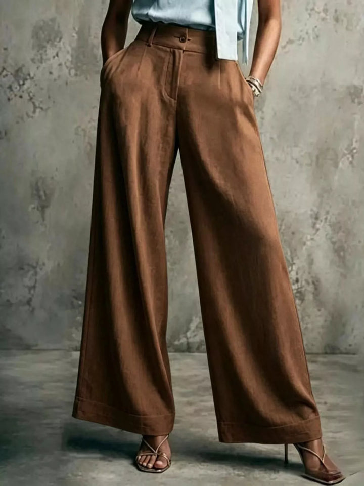 Brown wide leg trousers with a high waist, front view full length