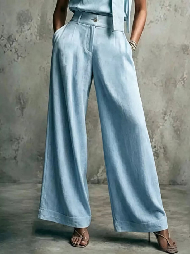 Light blue high waist wide leg trousers, full length front view
