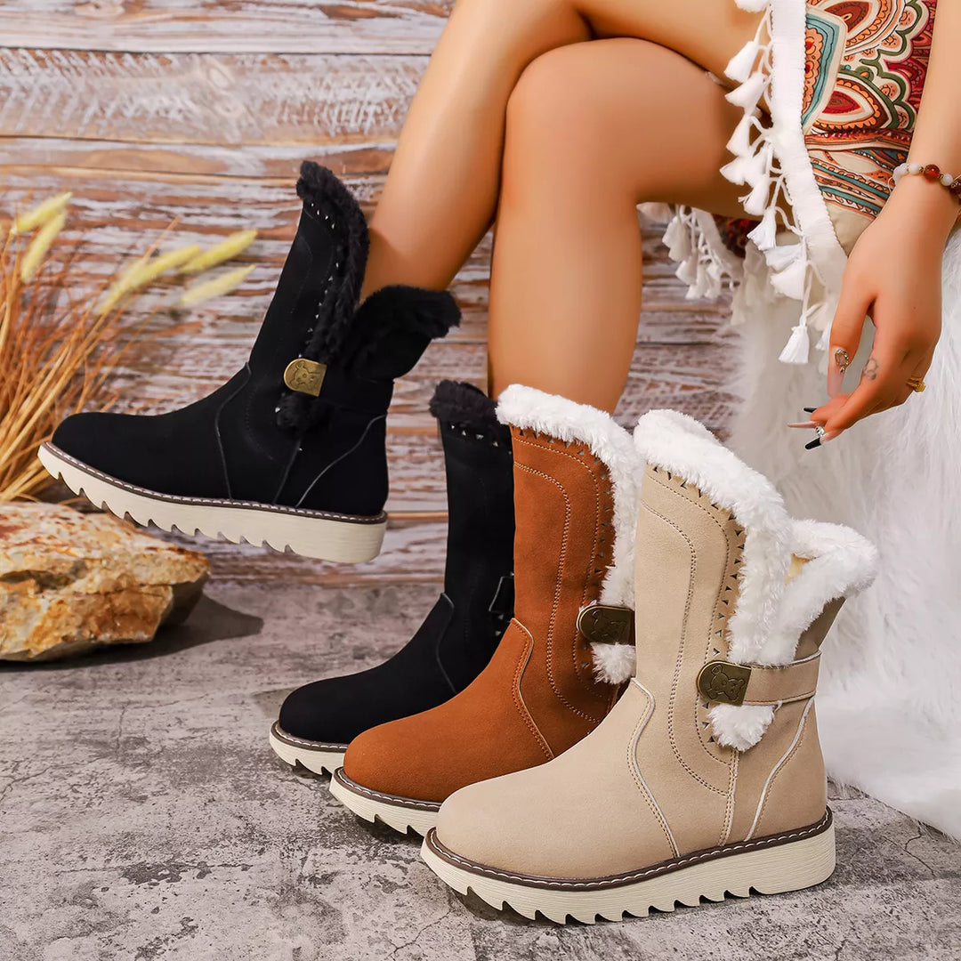 Women's winter boots in black, cognac and beige with faux fur trim, shown together