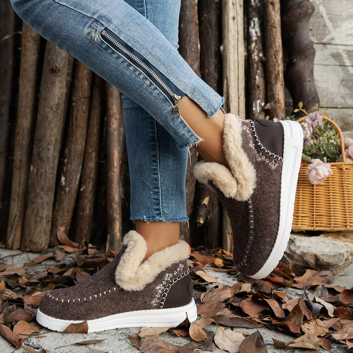 Coffee brown plush collar winter boots, side view with white sole