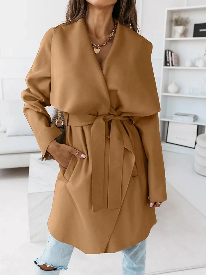 Women's winter coat in camel, belted waterfall style with shawl lapel